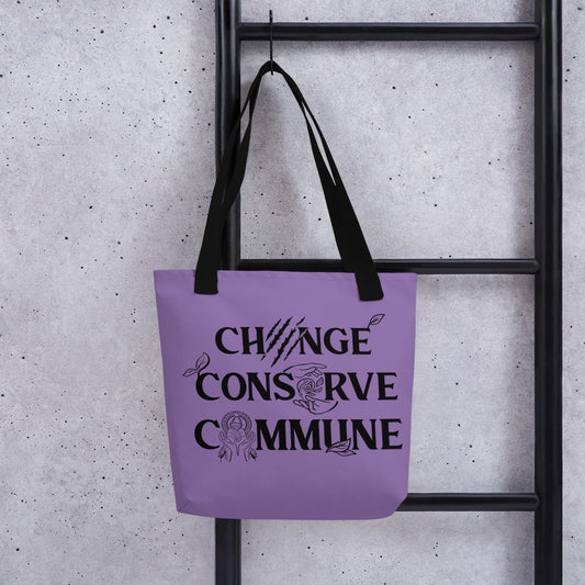 Change, Conserve, Commune - Purple Tote bag